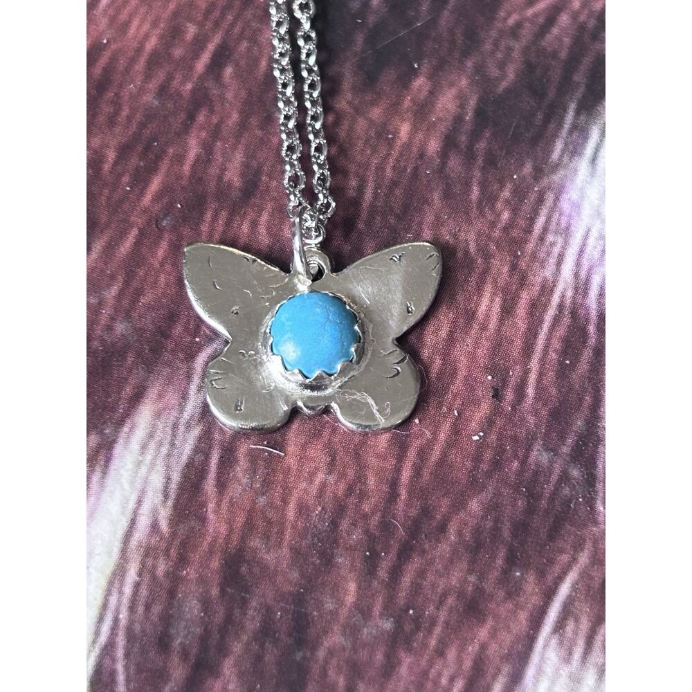 Hand Stamped Nickel Silver Butterfly Pendent Necklace Sleeping Beauty Turquoise